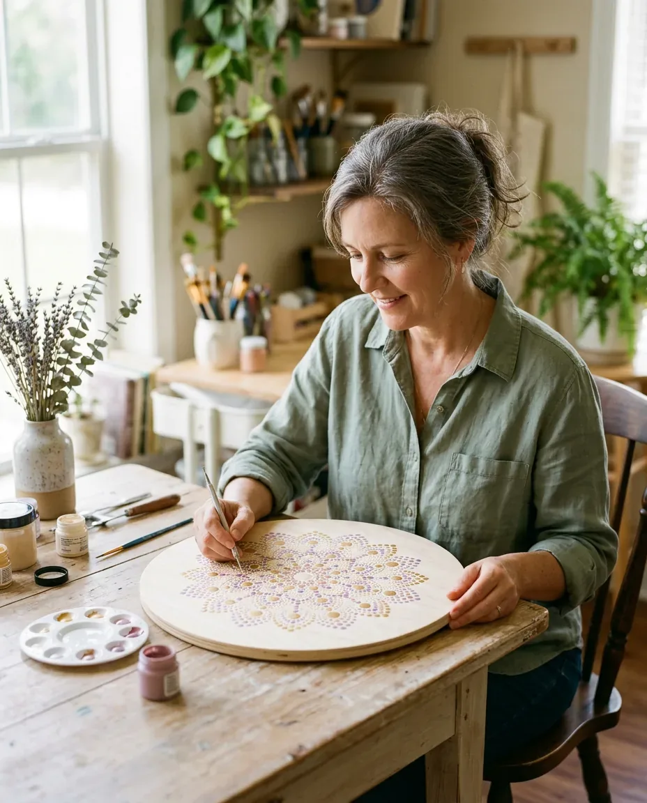 Sandy Mosley hand painting a dot mandala in her Lakeland, Florida studio